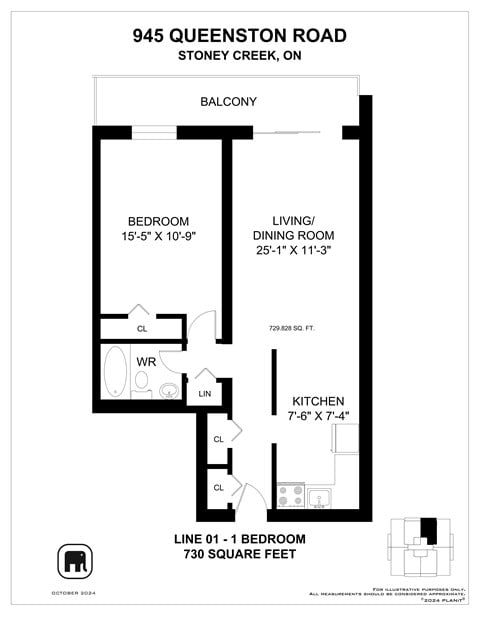 Floor plan for 1 bed, 1 bath, 735 sqft